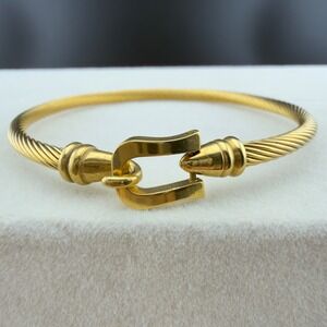 Gold Tone Twisted Cable Horseshoe Hook Bangle Bracelet Equestrian